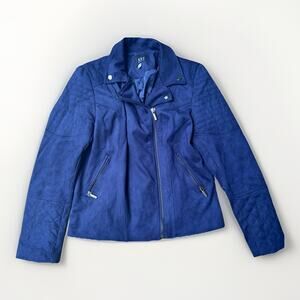 KUT FROM THE KLOTH Faux Suede Biker Jacket Navy Blue Womens LARGE Lapel Collar